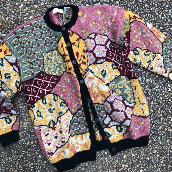 Vintage Lady Victorian Patchwork Puzzle hand knit sweater M - Picture 4 of 4